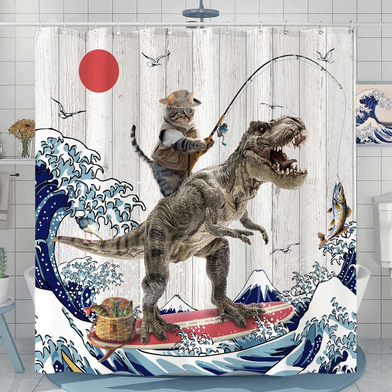 Fowocu Funny Cat Dinosaur Shower Curtain Fun Kitten Fishing Japanese Ocean Wave Waterproof Fabric Shower Curtains for Bathroom Kids Rustic Wood Farmhouse Bath Curtain Decor (72''?72''  Gray) - Image 3