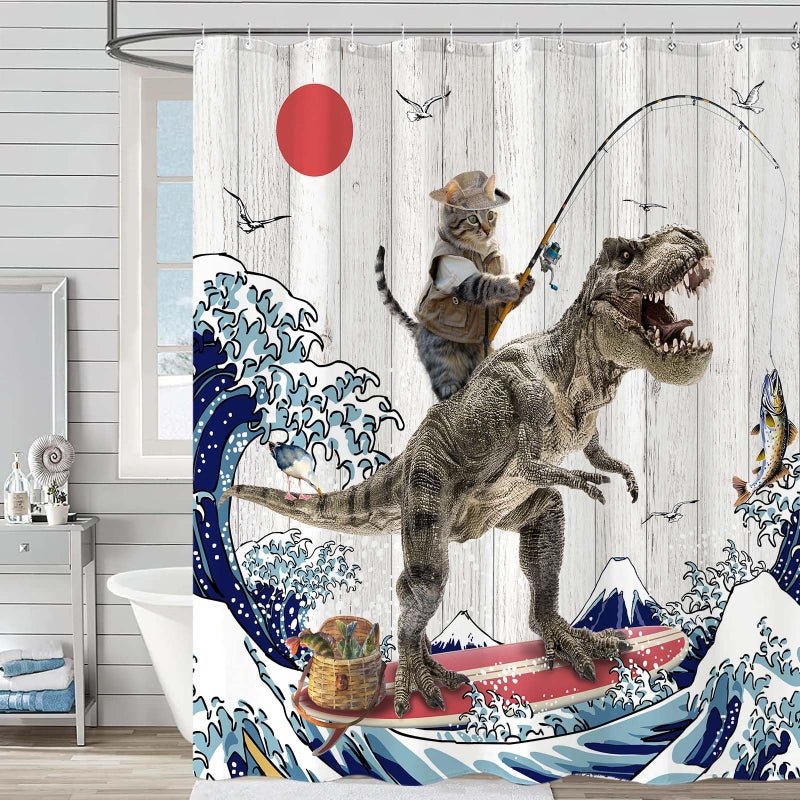 Fowocu Funny Cat Dinosaur Shower Curtain Fun Kitten Fishing Japanese Ocean Wave Waterproof Fabric Shower Curtains for Bathroom Kids Rustic Wood Farmhouse Bath Curtain Decor (72''?72''  Gray) - Image 4