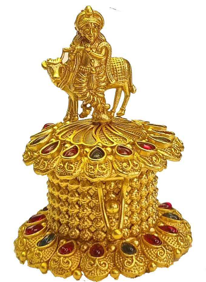ADZOY Premium Handcrafted Lord Krushna with Cow and Fluet for Wedding | Haldi | Sindoor | Kumkum | Chandan | Dabbi Handmade Pure Brass Material Box - Image 1