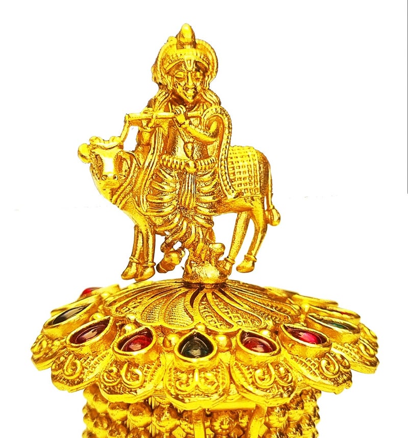 ADZOY Premium Handcrafted Lord Krushna with Cow and Fluet for Wedding | Haldi | Sindoor | Kumkum | Chandan | Dabbi Handmade Pure Brass Material Box - Image 4