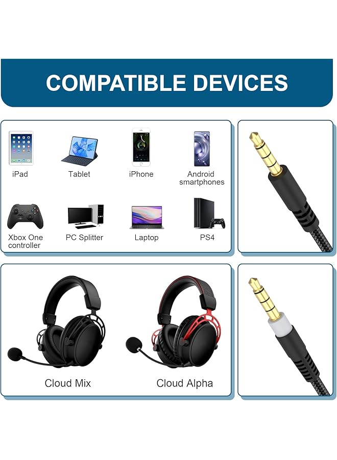 Cloud Alpha Replacement Cable Compatible With Kingston Hyperx Cloud Alpha Cloud Mix Cloud Flight Logitech G633 G933 Gaming Headset With Mute & Volume Controls (No Mic 4.9Ft) - Image 2