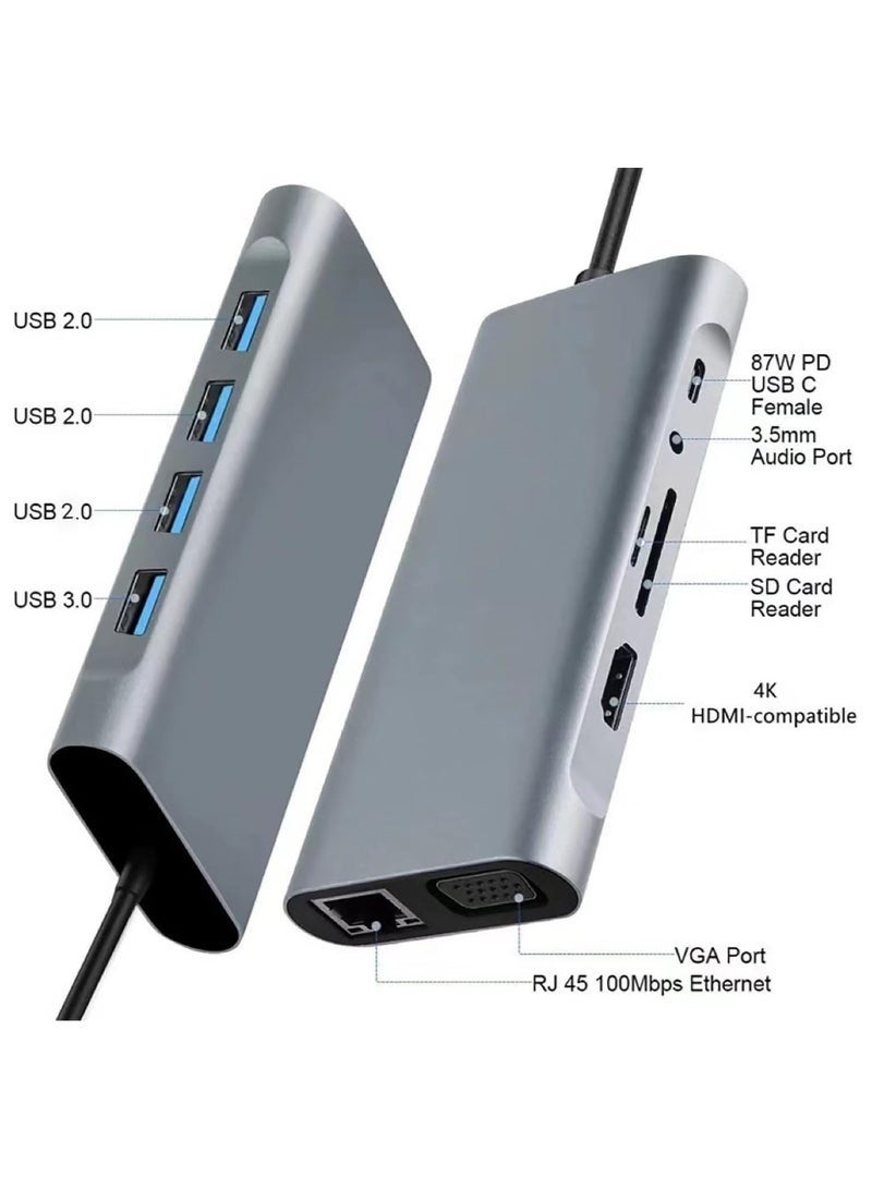 USB C HUB, USB C Adapter 11 in 1 Dongle with 4K HDMI, VGA, Type C PD, USB3.0, RJ45 Ethernet, SD/TF Card Reader, 3.5mm AUX, Docking Station Compatible with MacBook Pro/Air, Other Type C Laptops - Image 3