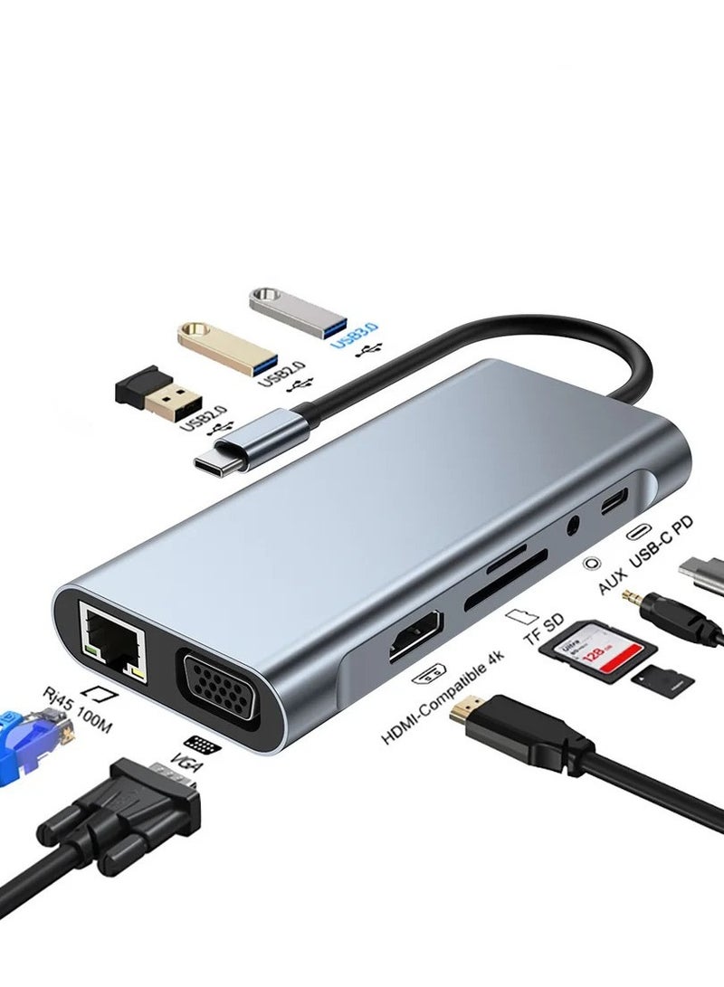 USB C HUB, USB C Adapter 11 in 1 Dongle with 4K HDMI, VGA, Type C PD, USB3.0, RJ45 Ethernet, SD/TF Card Reader, 3.5mm AUX, Docking Station Compatible with MacBook Pro/Air, Other Type C Laptops - Image 2