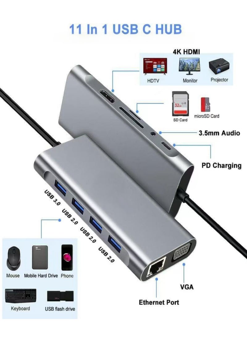 USB C HUB, USB C Adapter 11 in 1 Dongle with 4K HDMI, VGA, Type C PD, USB3.0, RJ45 Ethernet, SD/TF Card Reader, 3.5mm AUX, Docking Station Compatible with MacBook Pro/Air, Other Type C Laptops - Image 1