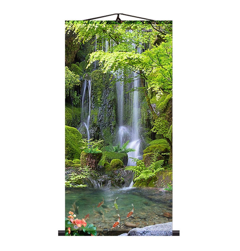 Zzooi Chinese Lucky Fengshui Painting Waterfall Golden Carps Wall Art Hanging Silk Painting ScrollFeng Shui Decor