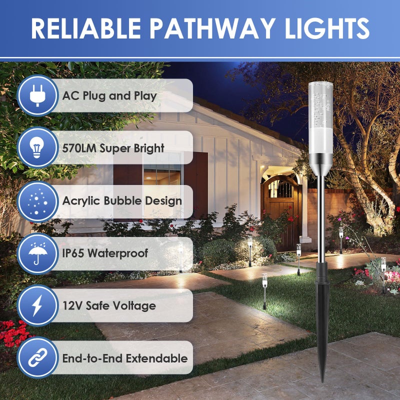 Bright B-right Outdoor Pathway Lights, 6 Pcs LED Path Lights AC Plug 12V Low Voltage Landscape Lighting 570 Lumens, Extendable IP65 Waterproof Outdoor Garden Light for Patio Yard Walkway, Cool White 6000K - Image 2