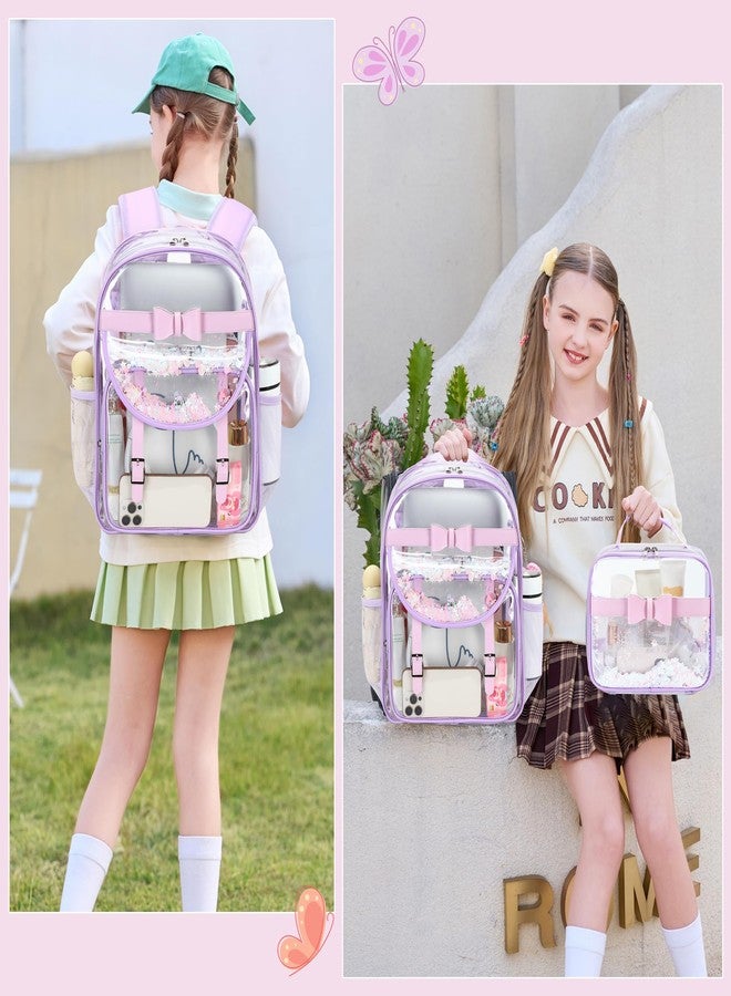 KIDNUO Clear Backpack for Girls and Boys, 2PCS Heavy Duty Transparent Bookbag,Stadium Approved See Through School Bag Kids, Purple1, Medium, Travel Backpacks - Image 2