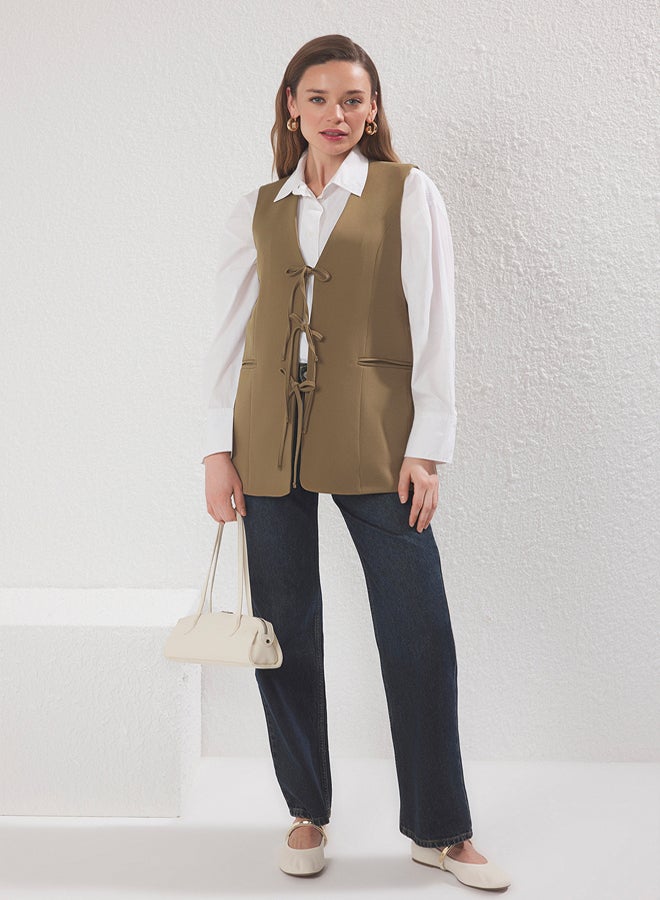 trendyol Khaki Front Tie Closure Woven Waistcoat - Image 1