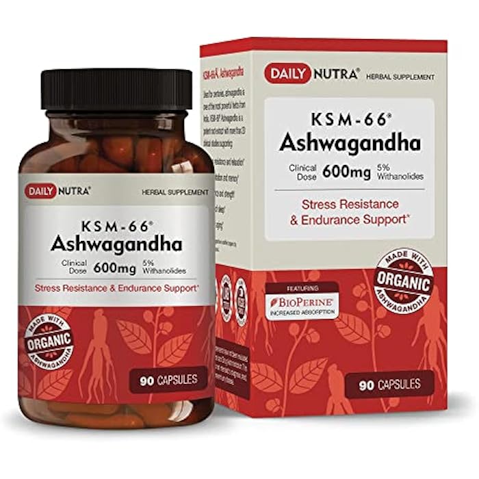 DailyNutra KSM-66 Ashwagandha 600mg Organic Root Extract - High Potency Supplement with 5% Withanolides | Relieves Tiredness, Supports Relaxation, Focus, Energy, & Muscle Growth (90 Capsules) - Image 1