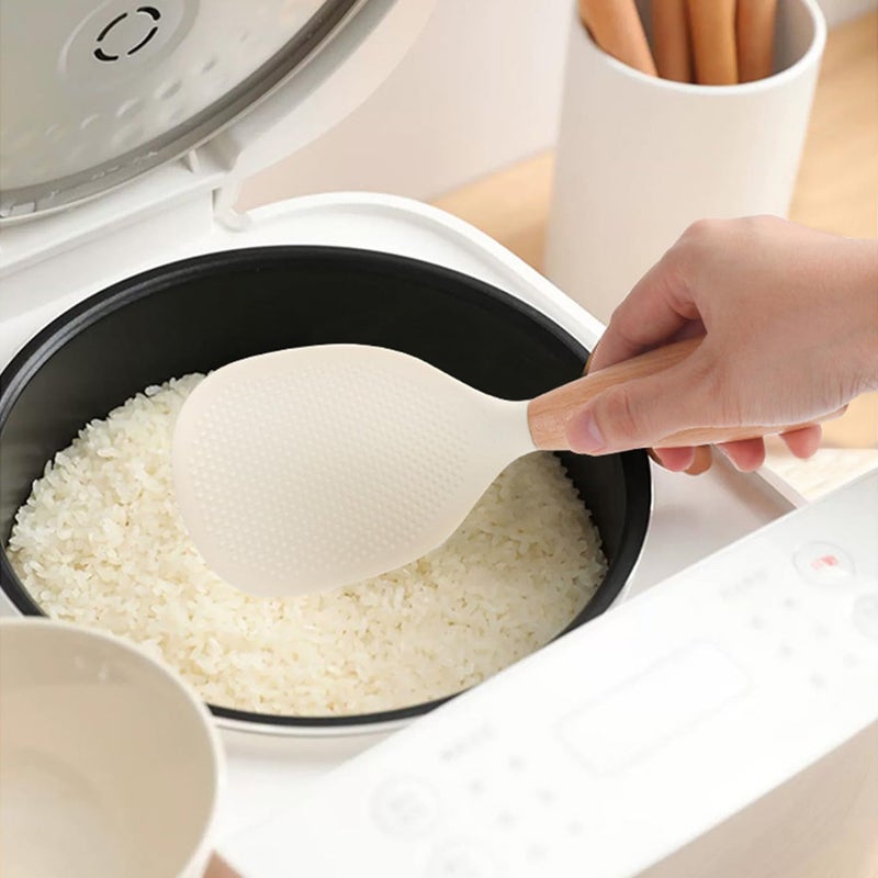VEELAM 2 Pack Silicone Rice Paddle Spoon with Wood Handle, Nonstick Standing Rice Cooker Spatula Kitchen Tool, White - Image 3