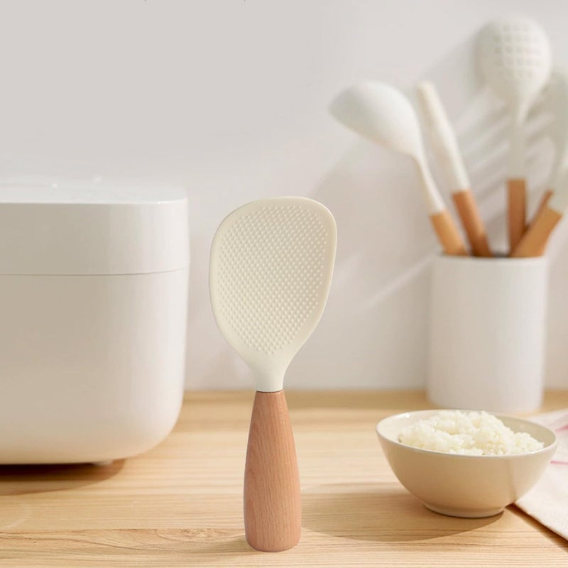 VEELAM 2 Pack Silicone Rice Paddle Spoon with Wood Handle, Nonstick Standing Rice Cooker Spatula Kitchen Tool, White - Image 2