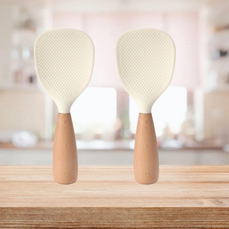 VEELAM 2 Pack Silicone Rice Paddle Spoon with Wood Handle, Nonstick Standing Rice Cooker Spatula Kitchen Tool, White - Image 1