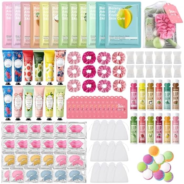Jutqut 120PCS Spa Party Supplies for Girls, Include Facial Masks, Lip Mask, Under Eye Patches, Lip Balm, Foot Bath Bombs, Hand Cream, Compressed Towel, Hair Band, Sleepover Party Supplies for Girls - Image 1