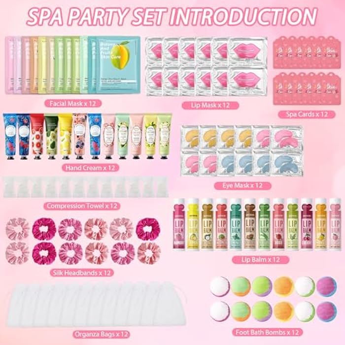 Jutqut 120PCS Spa Party Supplies for Girls, Include Facial Masks, Lip Mask, Under Eye Patches, Lip Balm, Foot Bath Bombs, Hand Cream, Compressed Towel, Hair Band, Sleepover Party Supplies for Girls - Image 2
