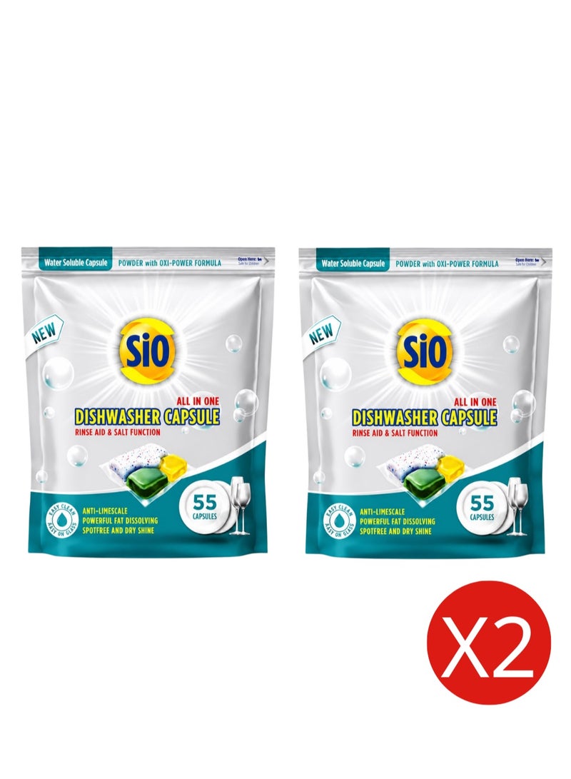 SIO All in One Dishwasher Capsules, 55 Count (Pack of 2) | Total 110 Capsules for Dishes, Cookware, and Grease Cleaning