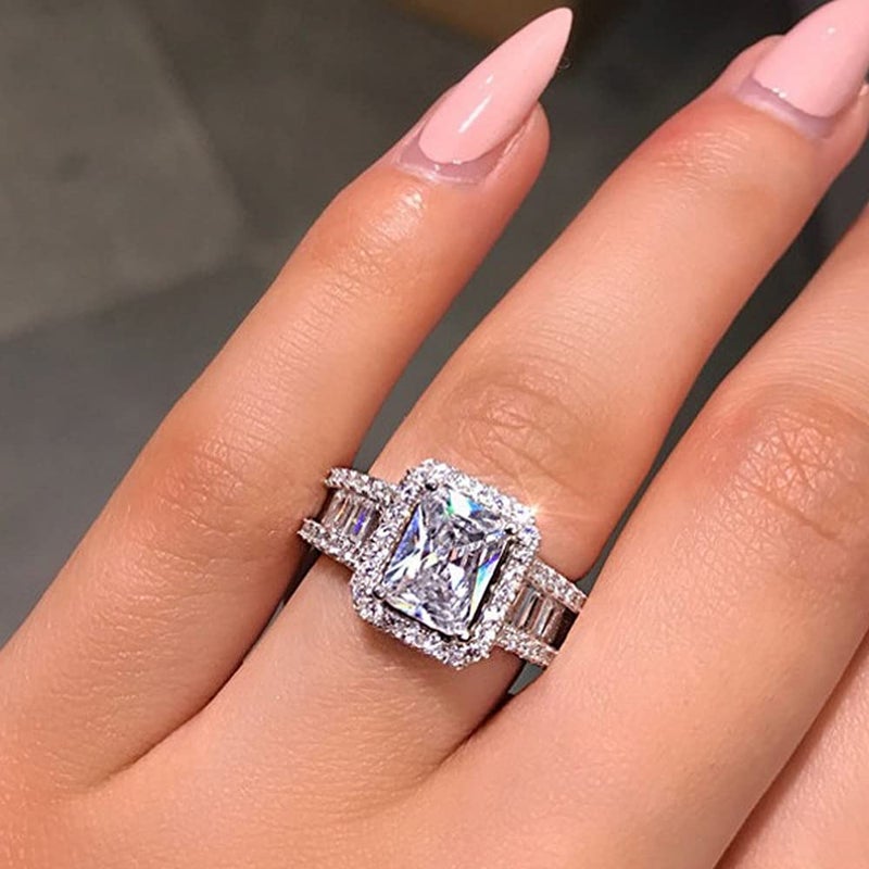 925 Sterling Silver Shiny Full Diamond Ring Cubic Zirconia Cocktail Rings CZ Diamond Ring Eternity Engagement Wedding Band Ring for Women US Code 6