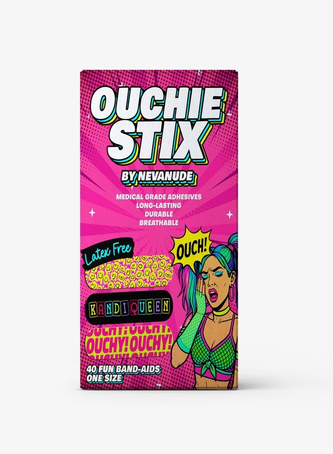 Neva Nude Plur Vibes Ouchie Stix Bandages 40-Pack – Waterproof, Hypoallergenic, Latex-Free First Aid Plasters with Fun Festival Designs - Image 1