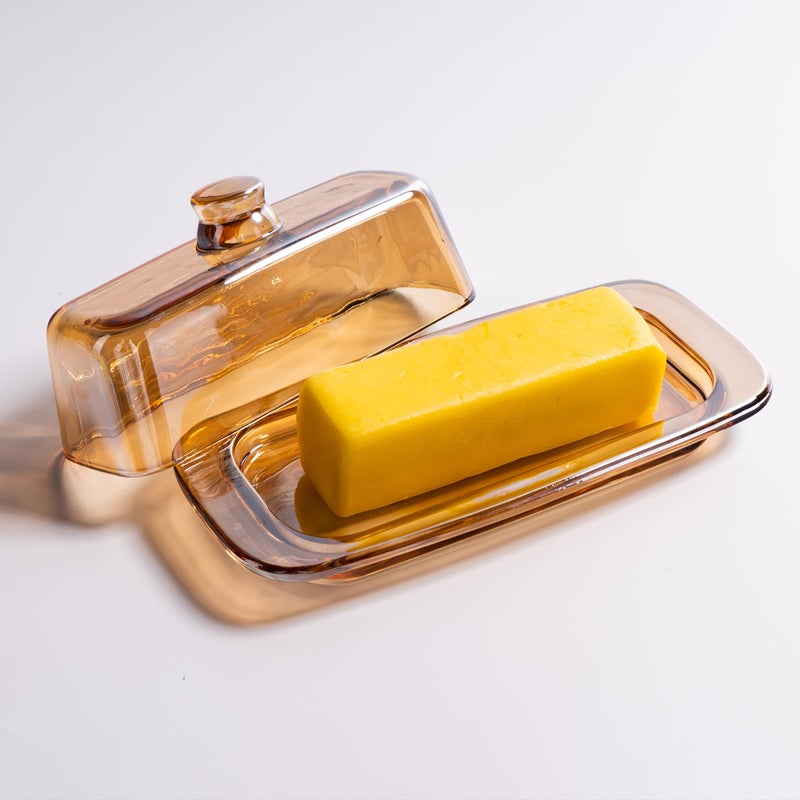 QIANCHANG Butter Dish with Lid for Countertop, Elegant Champagne-Colored Covered Glass Butter Holder Tray Container - Image 2
