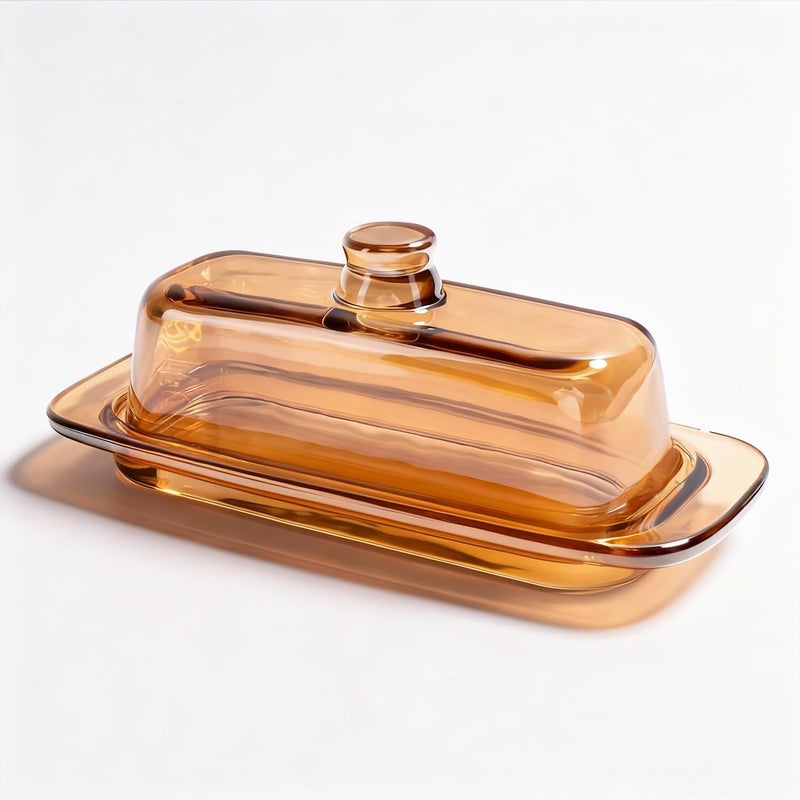 QIANCHANG Butter Dish with Lid for Countertop, Elegant Champagne-Colored Covered Glass Butter Holder Tray Container - Image 1