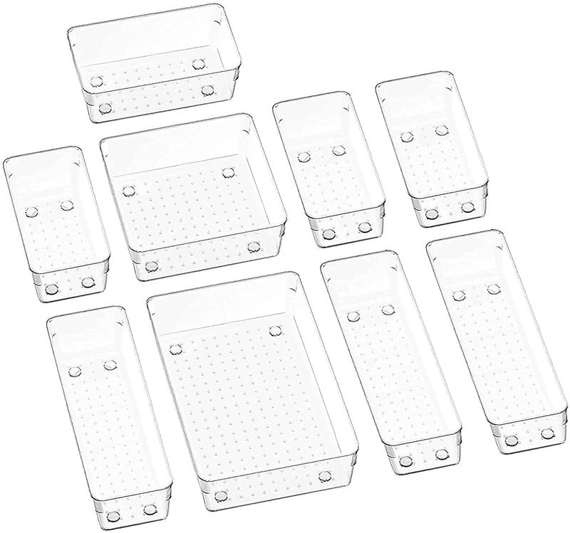 VIKIJO Clear Plastic Drawer Organizers Set 4Size Versatile Bathroom and Vanity Drawer Organizer Trays Storage Bins for Makeup Jewelries Kitchen Utensils and Office - Image 1