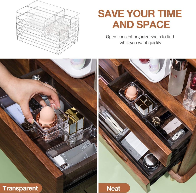 VIKIJO Clear Plastic Drawer Organizers Set 4Size Versatile Bathroom and Vanity Drawer Organizer Trays Storage Bins for Makeup Jewelries Kitchen Utensils and Office - Image 5