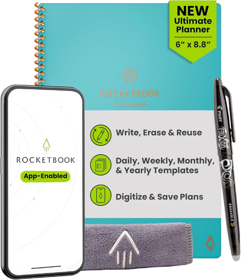Rocketbook Flex Reusable Planner, Smart Undated, Daily, Weekly, Monthly, Annual Calendar Templates, Executive Size 6X8.8, Teal (Pack of 1) - Image 1
