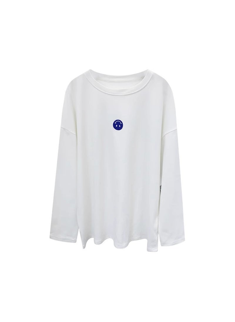 Generic - Thickened Fluffy Double-sided Velvet Embroidered Smiley Face Womens Thermal T-shirt Long Sleeve Loose Fit round Neck Base Shirt Blue Smiley - Image 1