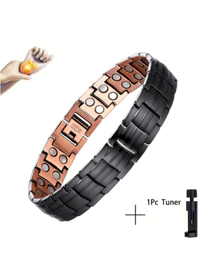 Copper Men's Copper Magnetic Bracelet Elegant 99.99% Solid Copper Bracelets with Double-Row Strong Magnets, Magnetic Field Therapy Jewelry (Black) - Image 1