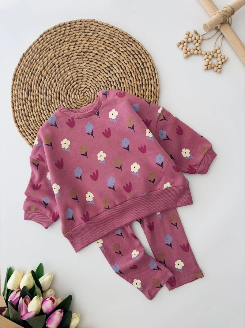 مينيمن جيجيليري My Little One's Ciciler Tulip Printed Tights Baby Girl 2-Piece Set - Dusty Rose