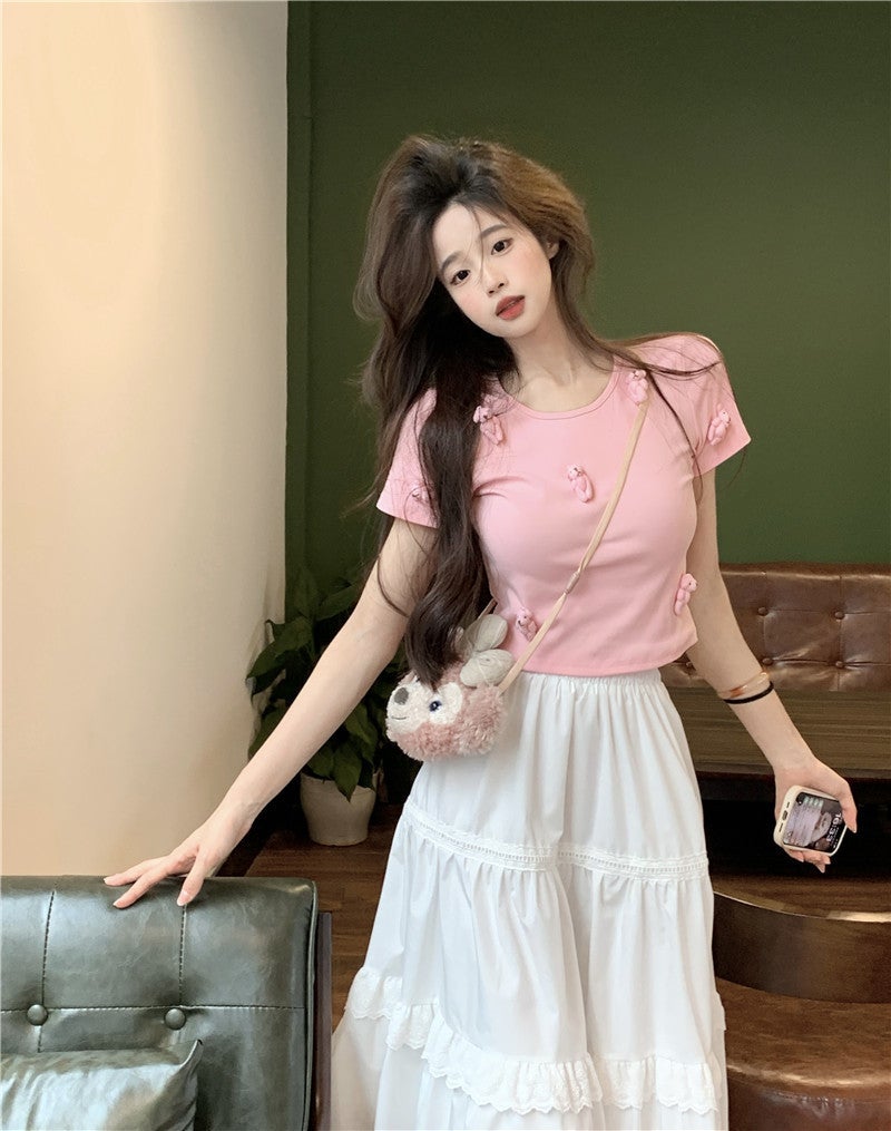 Sweet And Spicy Three-Dimensional Bear Short-Sleeved T-Shirt Women'S Summer Pure Desire Style Slim-Fit Slim Round Neck Short Top - Image 1