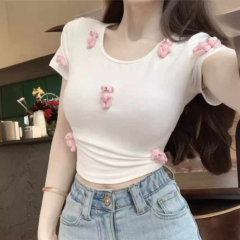 Sweet And Spicy Three-Dimensional Bear Short-Sleeved T-Shirt Women'S Summer Pure Desire Style Slim-Fit Slim Round Neck Short Top - Image 2