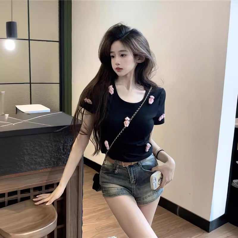 Sweet And Spicy Three-Dimensional Bear Short-Sleeved T-Shirt Women'S Summer Pure Desire Style Slim-Fit Slim Round Neck Short Top - Image 4