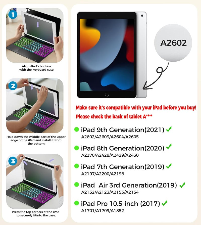 NOKBABO iPad 9th Generation Case with Keyboard 360° Rotatable Touchpad and 7 Color Backlight & Pencil Holder for iPad 9th/8th/7th Gen 10.2 inch & iPad Air 3rd Gen/iPad Pro 10.5 inch - Black - Image 2