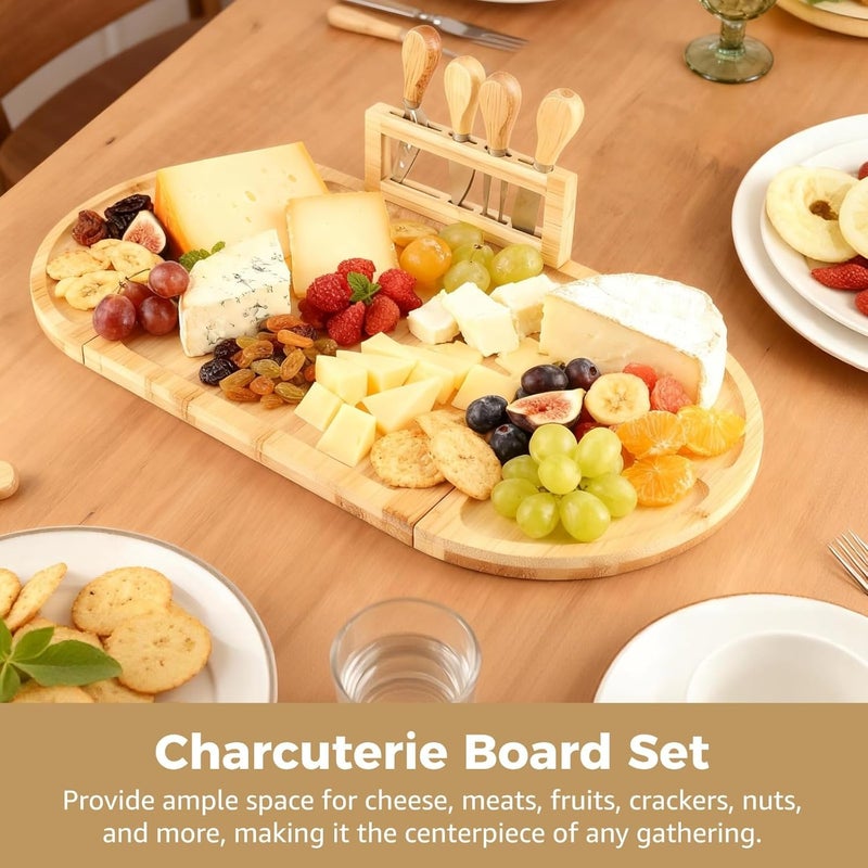 Wood Cheese Board Set, Detachable Charcuterie Platter Tray with Strong Attachment, 4 Pcs Knives Included, Wooden Appetizer Serving Tray for Parties, 22.8 x 11.5 in - Image 2
