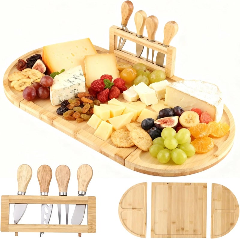 Wood Cheese Board Set, Detachable Charcuterie Platter Tray with Strong Attachment, 4 Pcs Knives Included, Wooden Appetizer Serving Tray for Parties, 22.8 x 11.5 in - Image 1