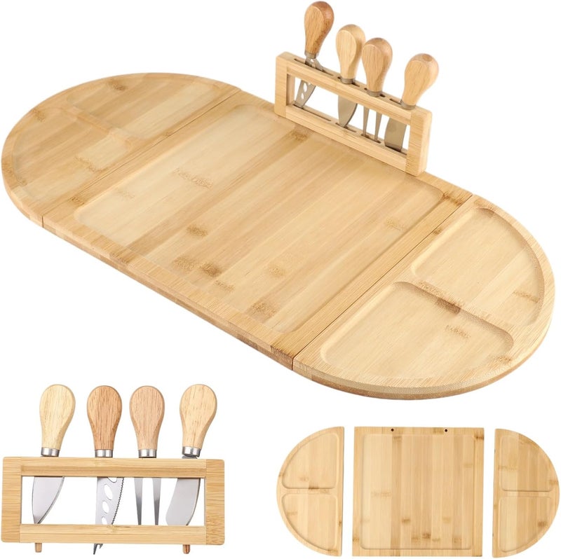 Wood Cheese Board Set, Detachable Charcuterie Platter Tray with Strong Attachment, 4 Pcs Knives Included, Wooden Appetizer Serving Tray for Parties, 22.8 x 11.5 in - Image 3