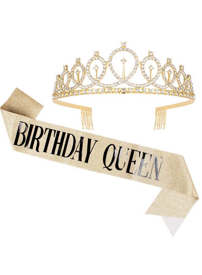 Didder Birthday Crowns For Women Didder Gold Rhinestone Tiara & Birthday Queen Sash Birthday Crown Birthday Tiara Birthday Sash And Tiaras For Women Girls Birthday Gifts Party Accessories - Image 1