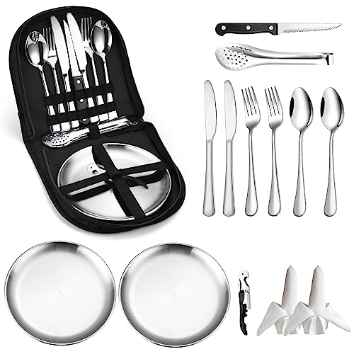 KASCNR Camping Silverware Kit Cutlery Organizer Utensil Picnic Set 13 Piece Mess Kit for 2 Stainless Steel Plate Spoon Clip and Serrated Knife Wine Opener Fork Napkin Hiking Camp Kitchen BBQs - Image 1