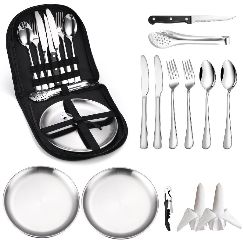 KASCNR Camping Silverware Kit Cutlery Organizer Utensil Picnic Set 13 Piece Mess Kit for 2 Stainless Steel Plate Spoon Clip and Serrated Knife Wine Opener Fork Napkin Hiking Camp Kitchen BBQs - Image 2