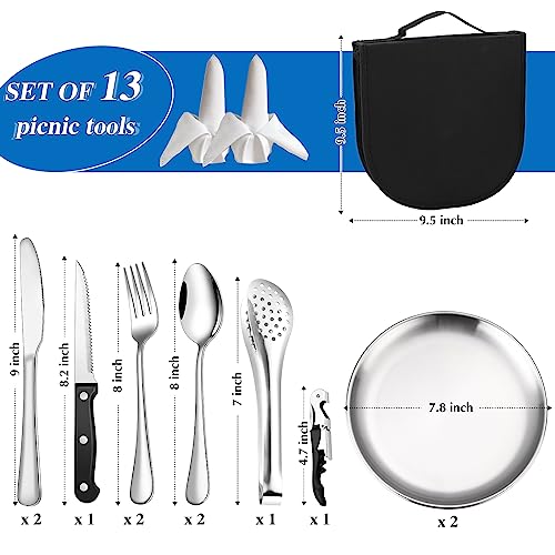 KASCNR Camping Silverware Kit Cutlery Organizer Utensil Picnic Set 13 Piece Mess Kit for 2 Stainless Steel Plate Spoon Clip and Serrated Knife Wine Opener Fork Napkin Hiking Camp Kitchen BBQs - Image 3