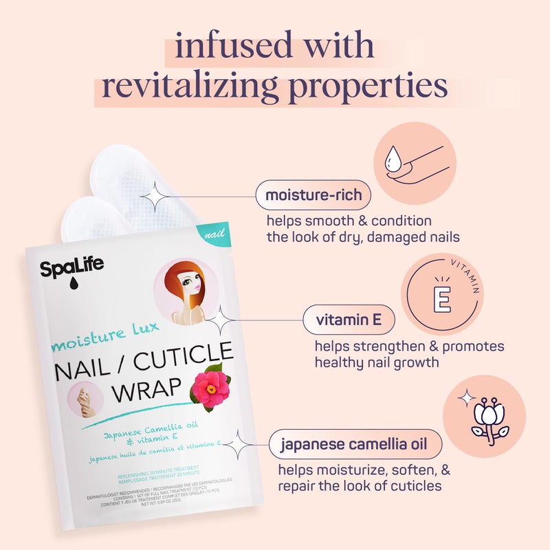 SpaLife Japanese Camellia Oil & Vitamin E Nail Cuticle Wrap 6-Pack (60 Count) - Moisturizing Nail Masks, Dermatologist Recommended, Hydrating Cuticle Repair Mask for Brittle Nails, Nail Spa Treatment - Image 3