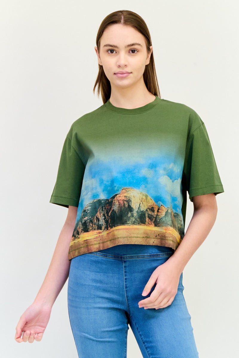 ESPRIT Women Oversized Crew Neck Short Sleeves Graphic Print Crop Top, Multicolor - Image 1