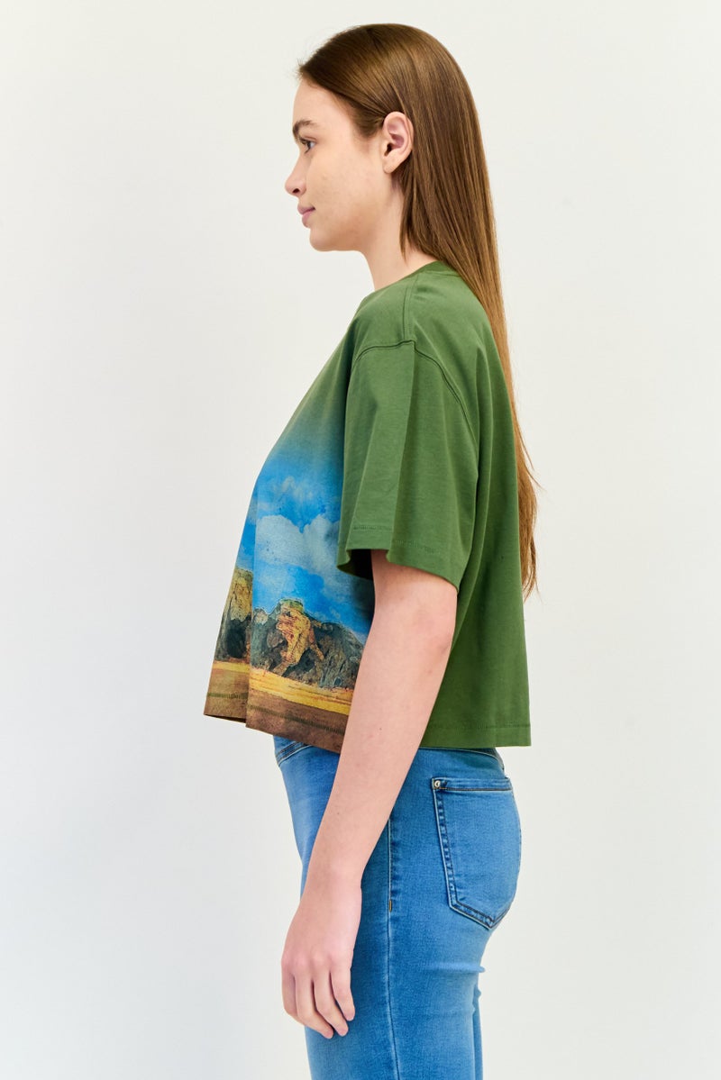 ESPRIT Women Oversized Crew Neck Short Sleeves Graphic Print Crop Top, Multicolor - Image 2