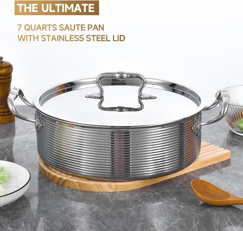 Inqibee Tri-Ply Stainless 8 QT Sauté Pan with Steel Lid,13 Inch Induction Cooking Pot,Braiser Pan,Jumbo Cooker,Dishwasher and Oven Safe. - Image 4