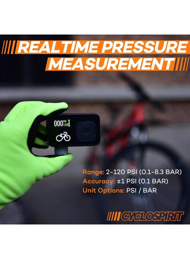 CycloSpirit Mini Electric Bike Pump with Digital Gauge, 120 PSI, Auto Shutoff at The Selected Pressure, USB-C, Presta & Schrader Compatible - Image 3
