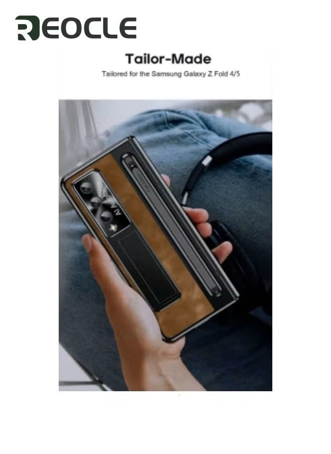 REOCLE Samsung Galaxy Z Fold 5 Frosted & Leather Case with S Pen Holder Built-in Screen Protector and Stand Shock Proof Case for Samsung Z Fold 5 with S Pen Slot Coffee - Image 4