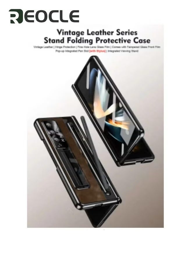 REOCLE Samsung Galaxy Z Fold 5 Frosted & Leather Case with S Pen Holder Built-in Screen Protector and Stand Shock Proof Case for Samsung Z Fold 5 with S Pen Slot Coffee - Image 2