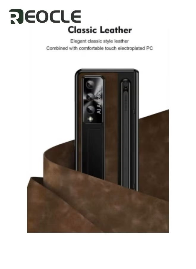 REOCLE Samsung Galaxy Z Fold 5 Frosted & Leather Case with S Pen Holder Built-in Screen Protector and Stand Shock Proof Case for Samsung Z Fold 5 with S Pen Slot Coffee - Image 3