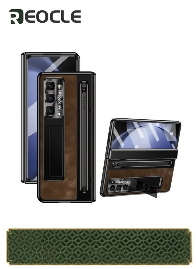 REOCLE Samsung Galaxy Z Fold 5 Frosted & Leather Case with S Pen Holder Built-in Screen Protector and Stand Shock Proof Case for Samsung Z Fold 5 with S Pen Slot Coffee - Image 1