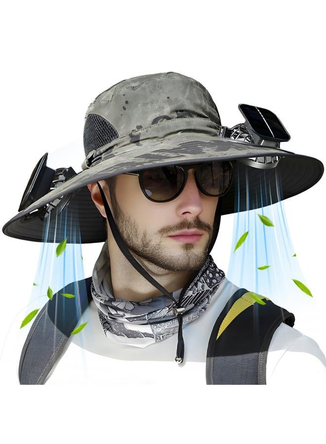 NewRiu Solar Fan Hat, Wide Brim Sun Hat with 2 Built-in Solar Fans, UPF 50+ Sun Protection Outdoor Fishing Hiking Camping Beach, Camo Green, One size - Image 1